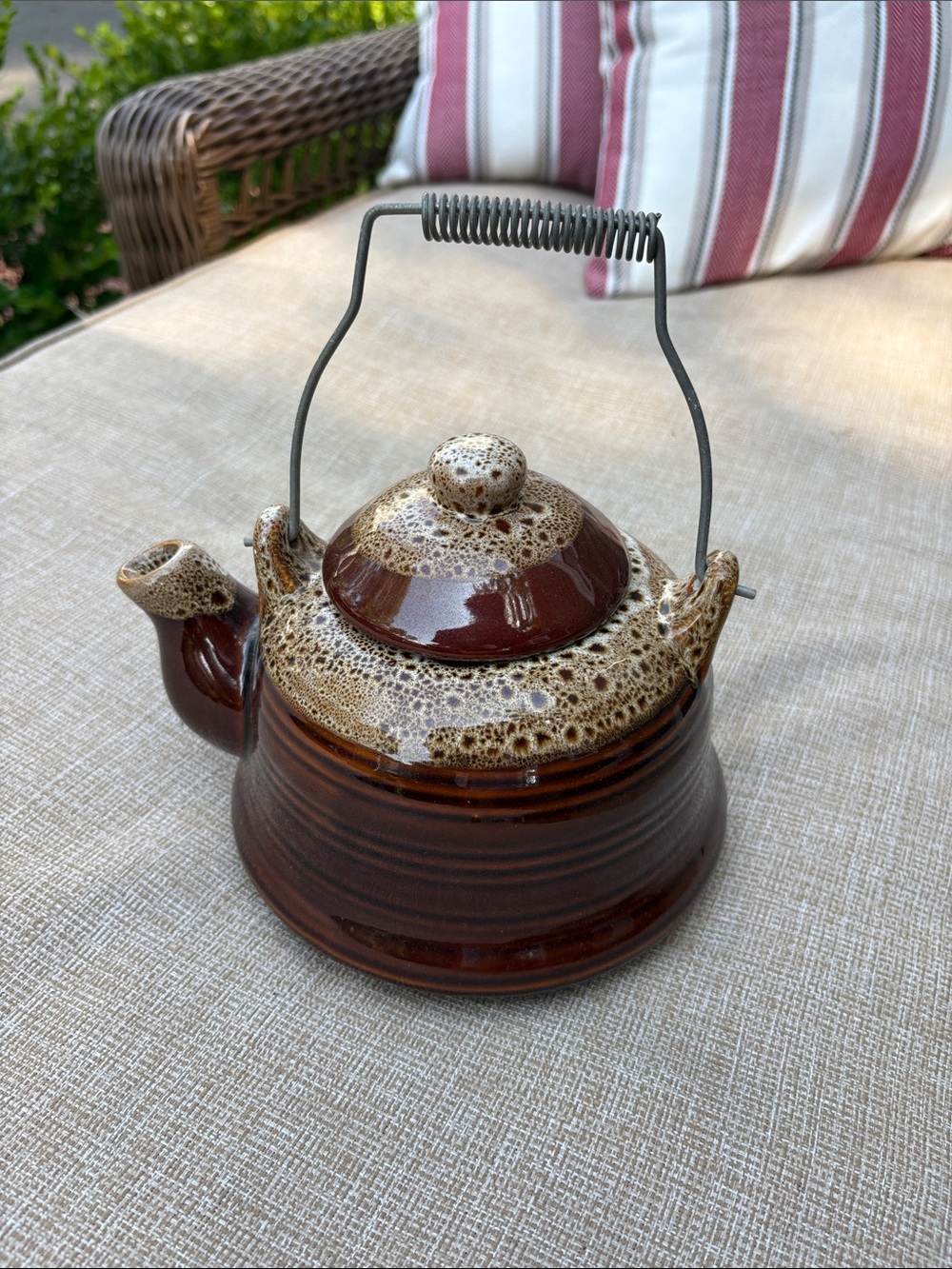 Brown Glazed Ceramic Teapot with Speckled Cream Rim - Unbranded